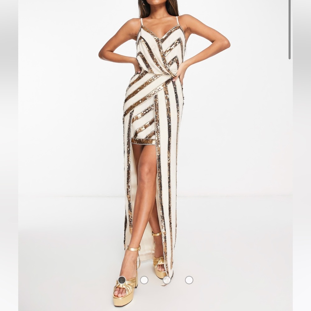 ASOS White and Gold Sequin Asymmetrical Slip Dress with High Slit